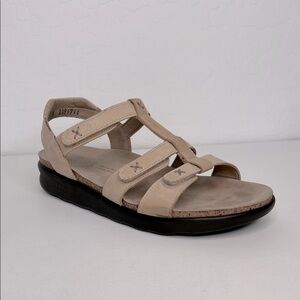 SAS Sorrento T-Strap Sandal linen cream tan Velcro straps size 7.5 medium